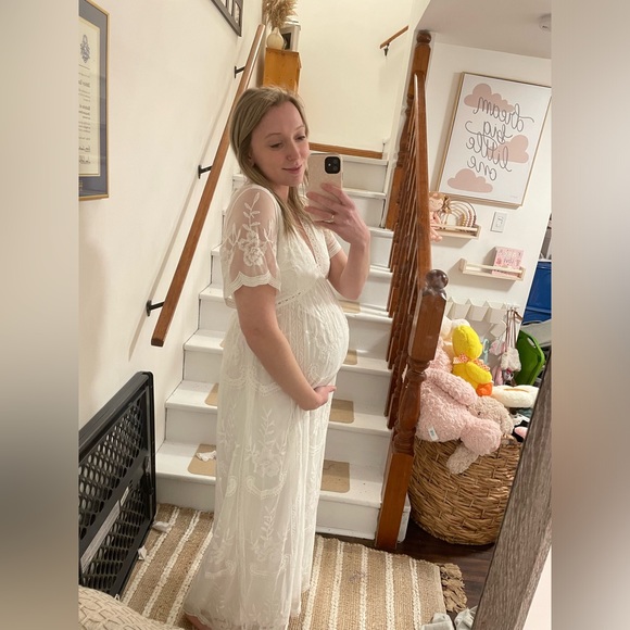 PinkBlush White Lace Mesh Overlay Maternity Maxi Dress - Picture 2 of 5